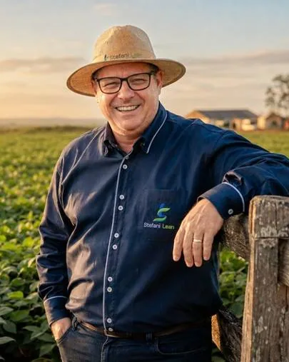 Mauro Stefani sorrindo, de chapéu, na lavoura